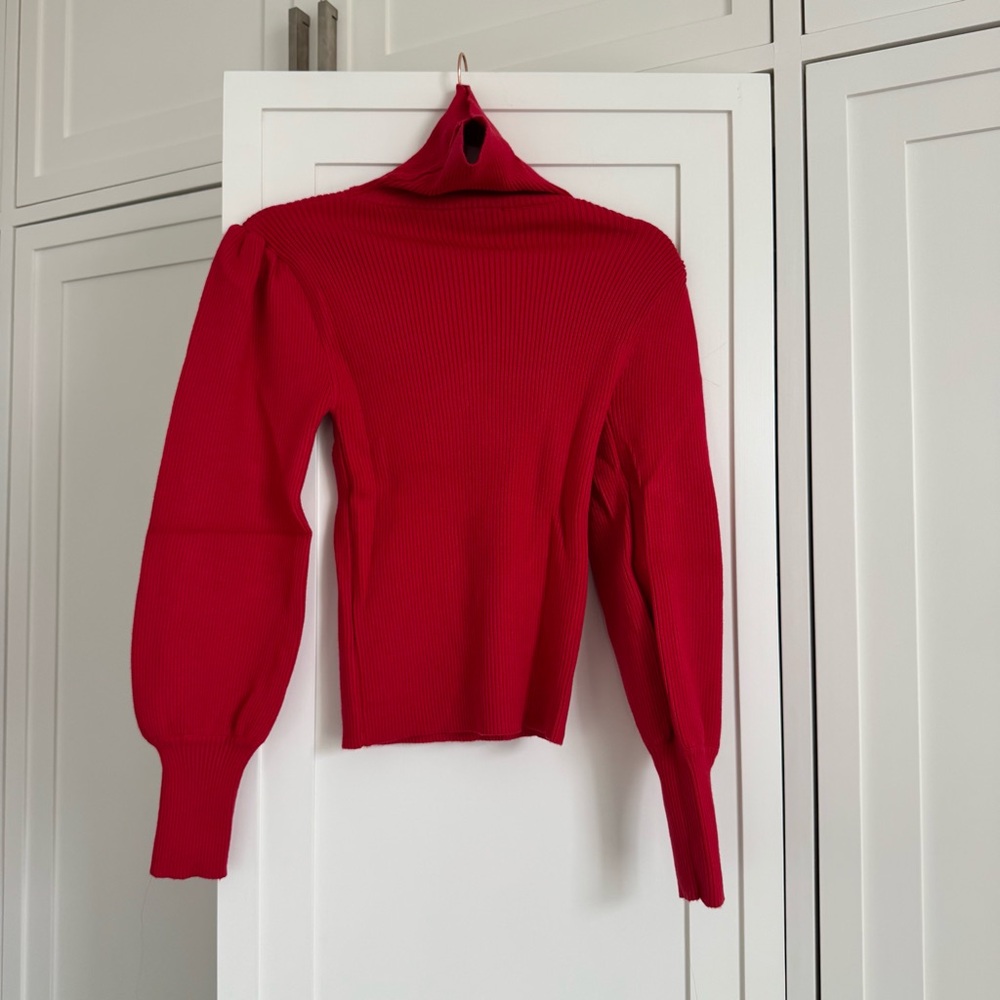 Red Turtleneck puff sleeve Sweater - Picture 3 of 5